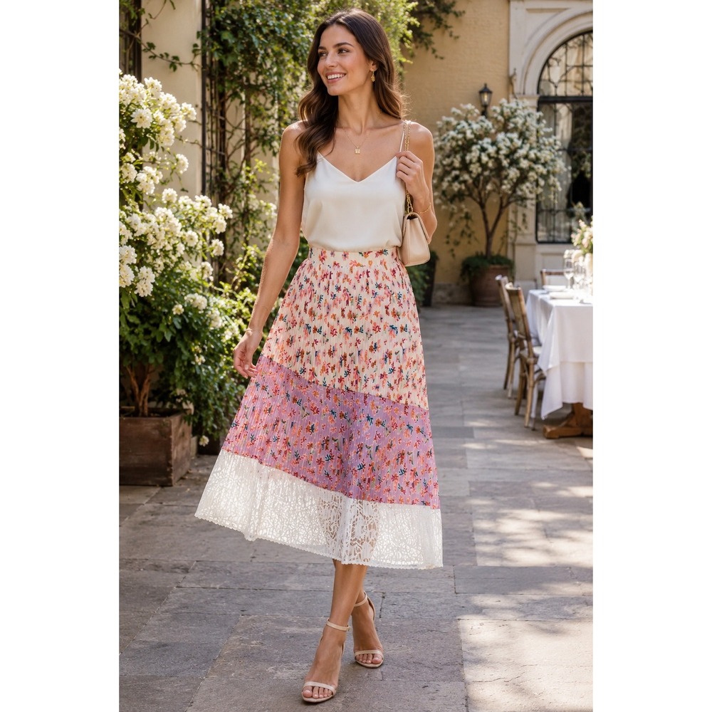 Anthropologie LAIA Floral Pleated Midi Skirt XS Lace Hem Pull On‎ Summer Casual